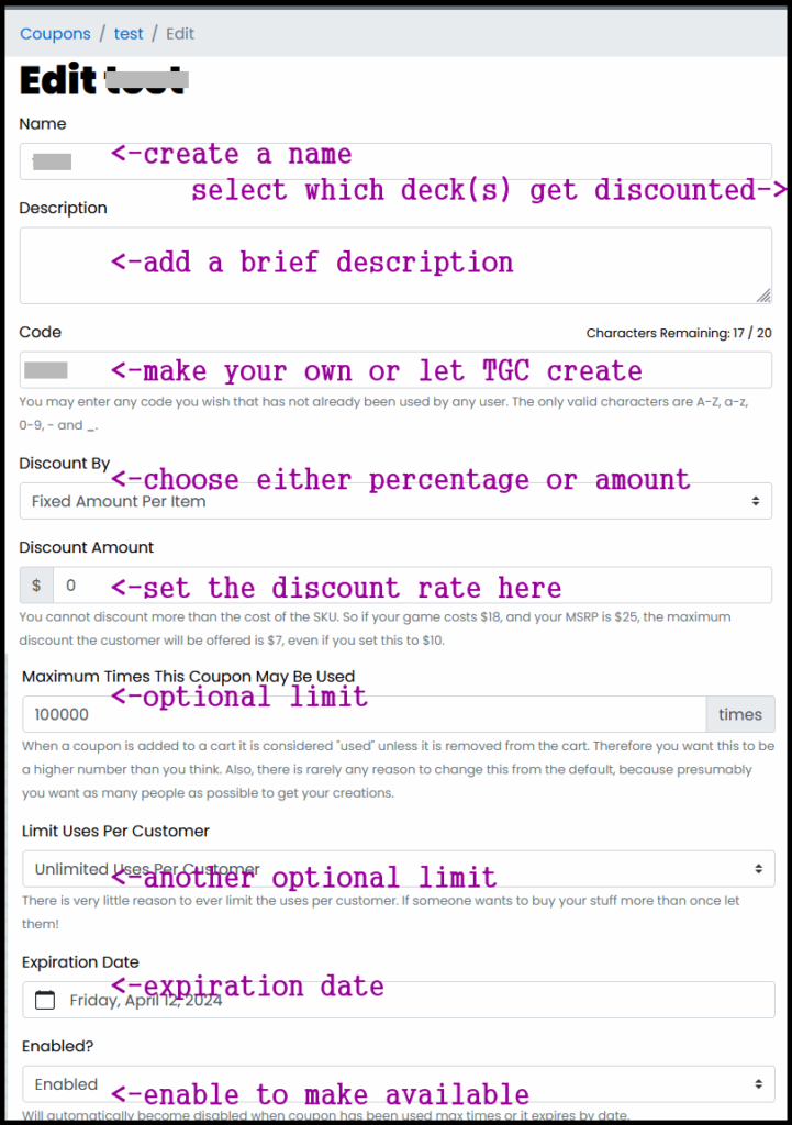 the page on which you create the details of a new Discount Code
